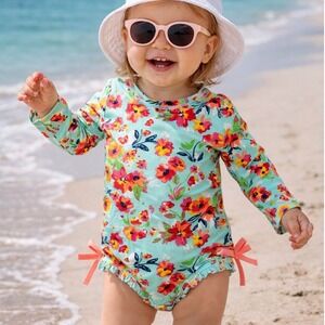 RuffleButts Girls Mint Green Floral Long Sleeve Rash Guard Swimsuit 18-24M L2